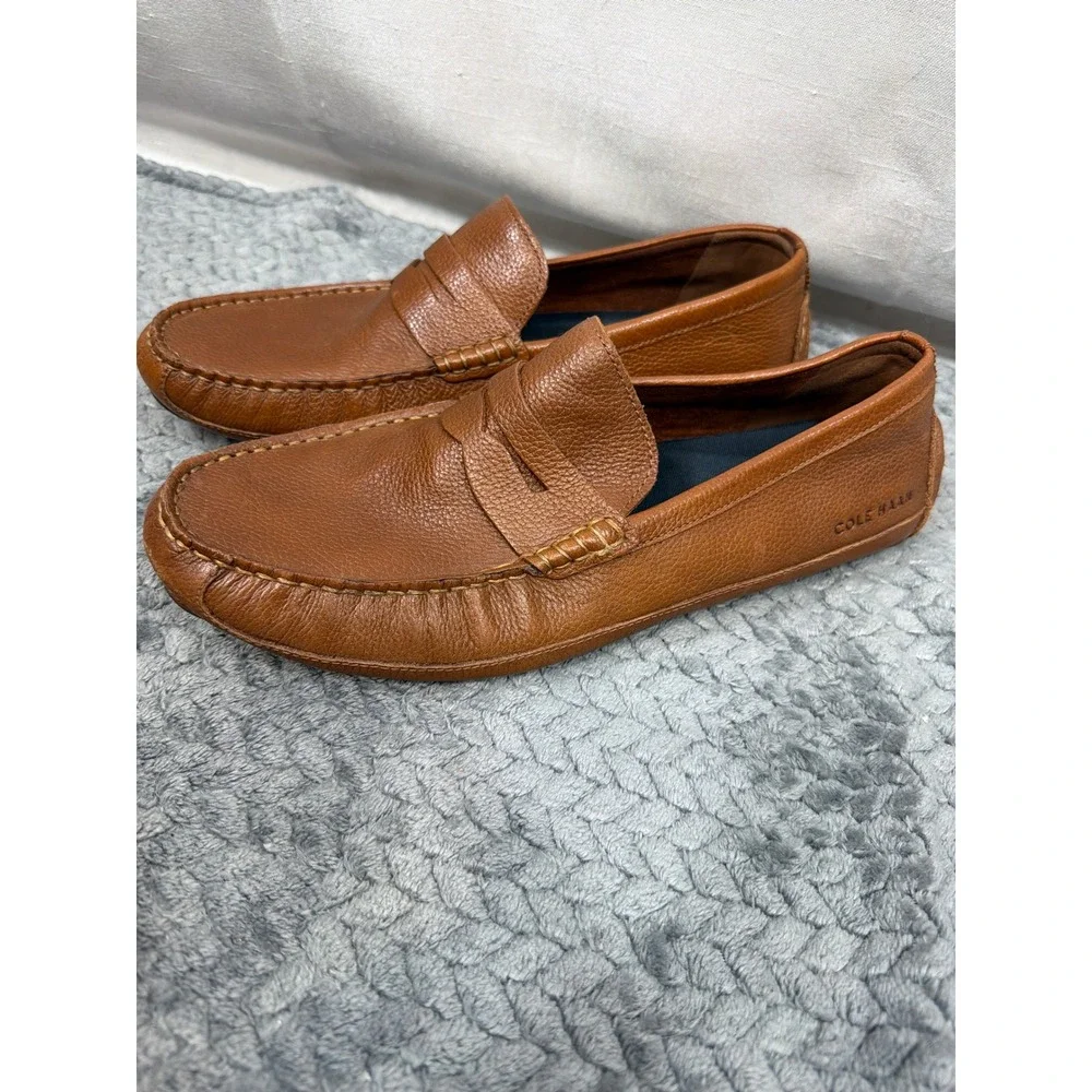 Cole Haan Gunnison Mens 9.5 M British Tan Pebbled Leather Driver Loafers C38480